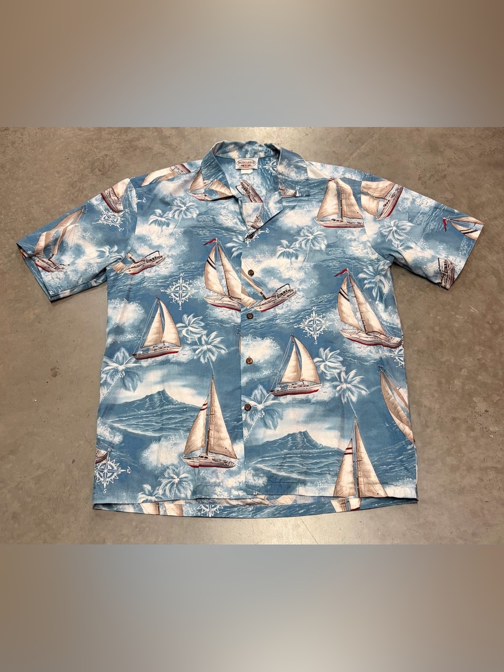 Pacific Legend Blue Sailboat Print Camp Shirt